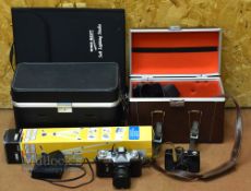 Zenit-E vintage camera with USSR Helios-44-2 2/58 7455208 lens, plus a Prinz Satum 35 auto camera,