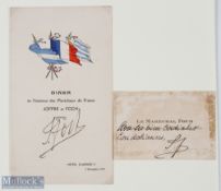 Autograph - Ferdinand Foch (1851-1929) Signed Dinner Menu and Carte De Visite - a dinner menu