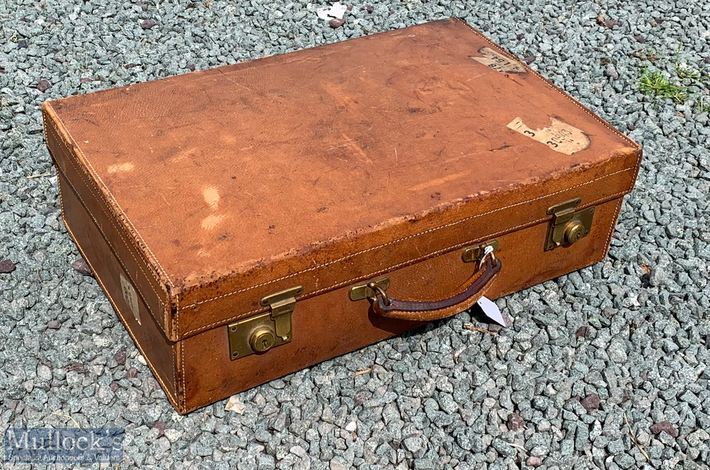 1930s Leather Suitcase with Partial Railway Labels incl Flying Scotsman from Kings Cross and a few