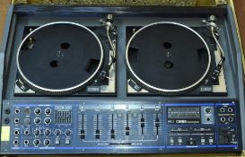 Retro 'Cloud Buckingham' Twin DJ Mixing Deck with turntables, mixing adjusters, measures 80cm width,