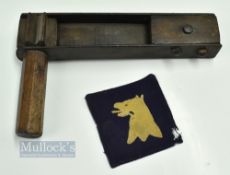 WWII Military Gas Attack Rattle, metal and wooden rattle marked with broad arrow plus a cloth