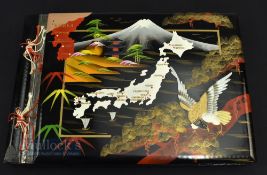 Musical Japanese Photo Album, Black Lacquer Wood with Music Box, Hand-Painted Map of Japan/Asia on