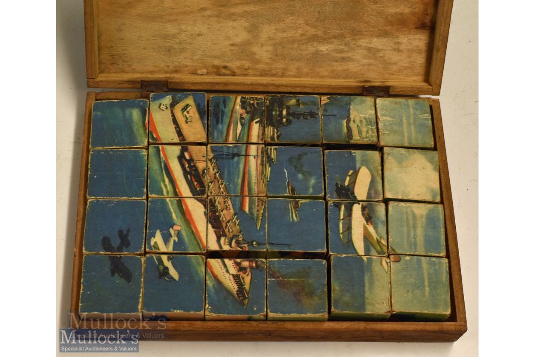 1920s/30s Children's Picture Block Puzzle - depicts 6 themes all military/transport related, - Image 1 of 2