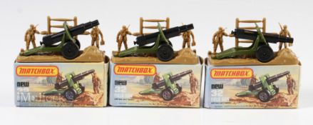 Three Matchbox Toys series 75 Field Gun No. MB32 all in original boxes with their plastic base and