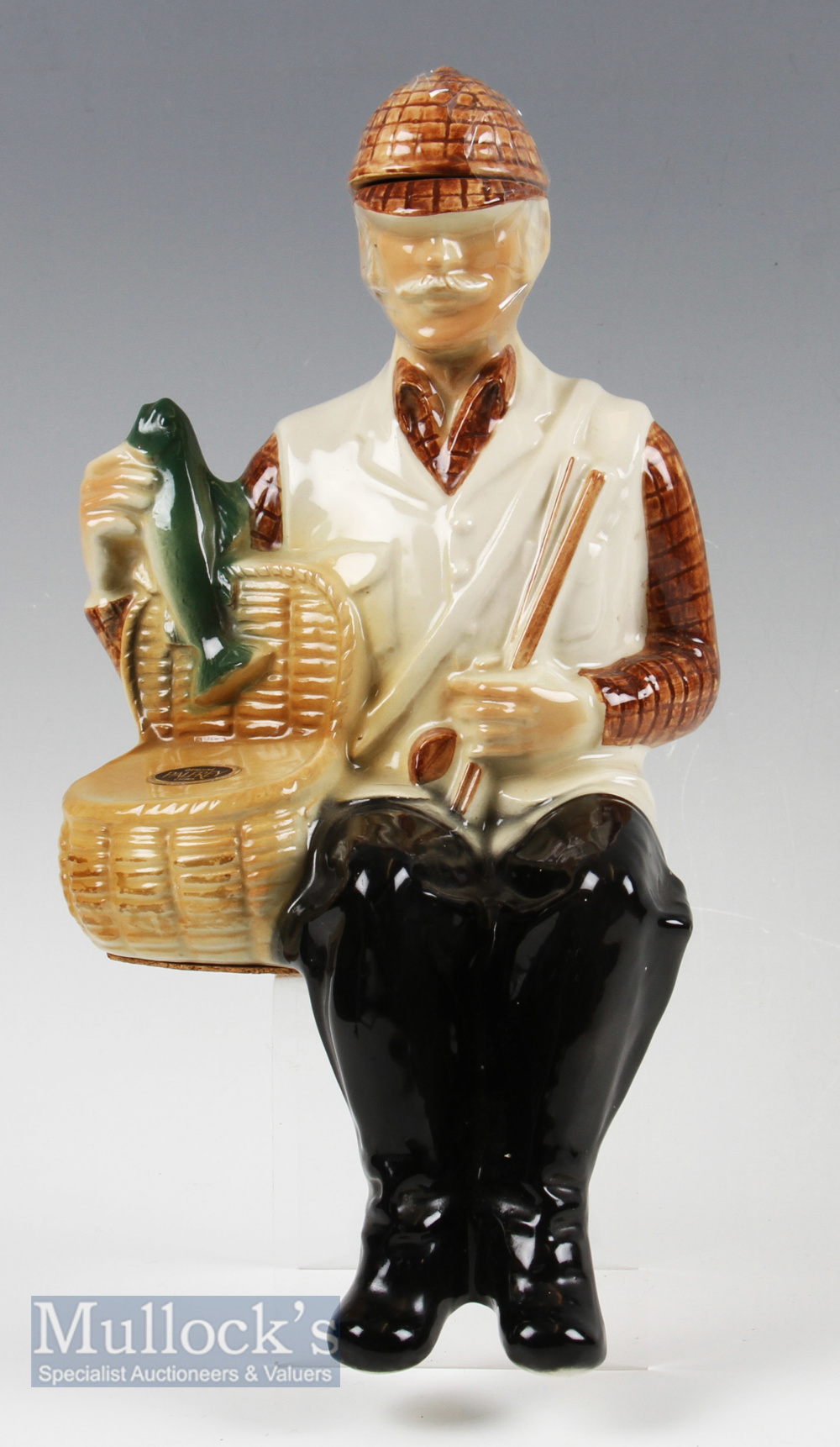 Ballantine's Scotch Whiskey Seated Fisherman Ceramic Bottle with original labels made by Palfrey