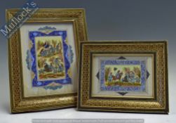 Asian Miniature Paintings featuring wonderful mosaic styled wooden frames both appear on ivory,