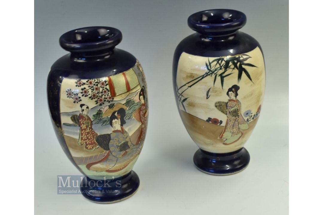 Pair of Japanese Geisha Girls in Flower Garden, both have a bold red mark stamp to base, in good - Image 1 of 2