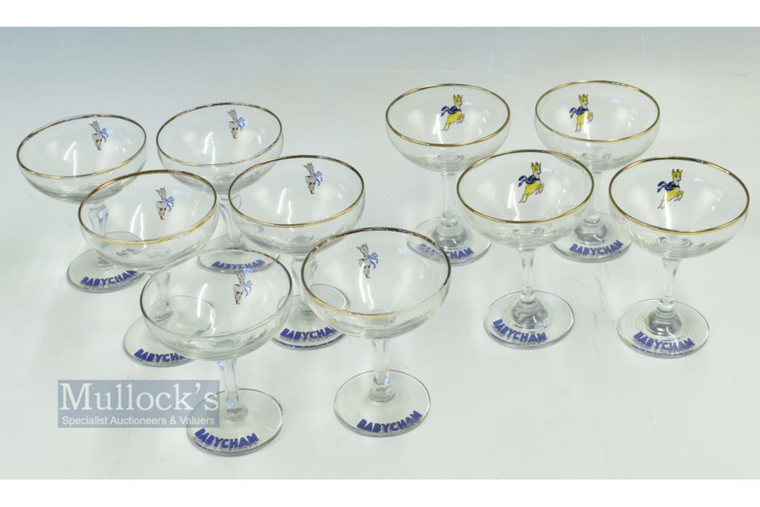 10x Babycham Drinking Glasses, 6 are the earlier white logo babycham type and 4 the later yellow