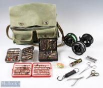 Reels, Accessories etc within Canvas fishing bag - featuring Vision3-zone fly reel with line, Lamina