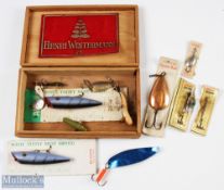 Henri Winterman's Cigar Box with a selection of lures, spoons, Devons, Mepps, Abu, Allcocks, Dibro