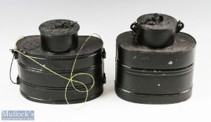 A Pair of Live Bait Kettles, both with lids and chains with a later black painted finish 22cm tall