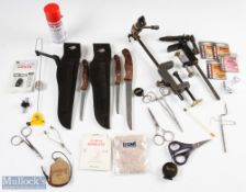 Selection of Fishing Tools to include - 2x rotary fly tying vices with 'C' clamps, hooks, tools on