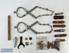 An interesting lot of small accessories, comprising - pair of Hardy boot hangers; brass river