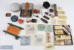 A selection of 8x lures to include Hardy, A E Rudge, S Allcock and 5x Hardy cards; alloy tin made in