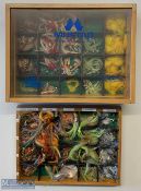 Retail Wooden Mustards Double Fly Box, containing sea & pike lures, Alf's baitfish, Dutch monster,