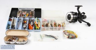 Quantity of Assorted Lures and Plugs, spoons etc in plastic cases plus a Shimano Baitrunner Aero