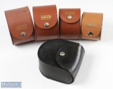 5x Leather Reel cases all with button clips, Aiken, one unnamed 2x 4 ½