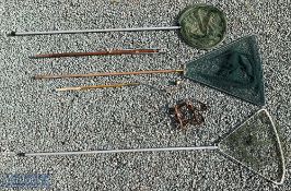 3 Bank Landing Nets -2 with aluminium poles, 1 wooden, plus a leather Gyenet harness-with wear-