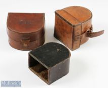 D Block Leather Unnamed Reel Case plus a part of a reel case (missing lid) and another leather case,