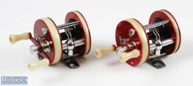 Fine c1960s ABU Ambassadeur G2600 and G2650 multiplying reels both finished in red, both with twin