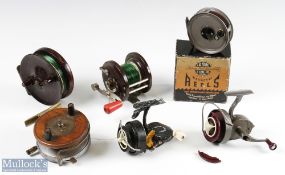 Selection of Fishing Reels featuring a wood and alloy centre pin reel 3 ½
