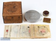 Hardy Alnwick card box with crimped metal edges, marked King George (split to one edge of lid);