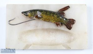 Pike Fishers Decorative Ashtray, a metal pike and gaff on an alabaster base size 19cm x 11cm