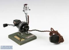 Unusual Mitchell 320 Reel Bedside Lamp / Trophy with a plaque for heaviest fish 1974 on it, untested