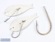 2x large fish shaped Spoons with single hook, cream to front, polished back, unusual; 1x large