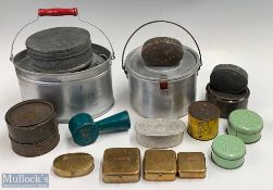 A Collection of Period Bait Tins Kettle, to include a gentle chute tin - this has been repaired -