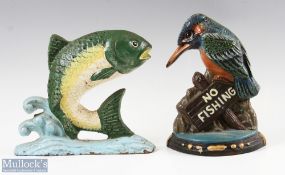 2 x Cast Iron Fishing Doorstops/Wedges, a Kingfisher, No Fishing doorstop plus a jumping fish