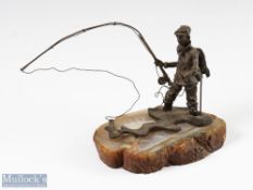 Bronze Fly-Fishing Figure, on an Onyx base, quality cast details with an impressed mark of E 77 to