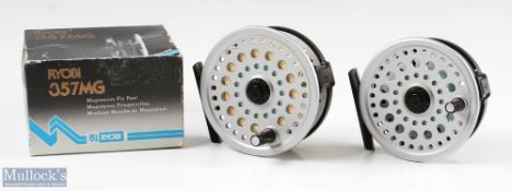 2x Ryobi Superlight Fly Reels 357 MG with makers box and pouch and 355 MG in a leather pouch, both
