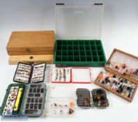 A collection of boxes comprising - wood fly box with over 50 flies, catch missing; Orvis