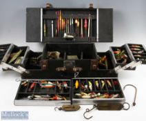 Concertina fishing box with a Quantity of Lures, Tackle, Floats etc plus brass pocket scales by