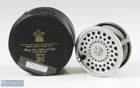 Hardy Bros Marquis Salmon No3 alloy fly reel with ribbed brass foot, rear drag dial, black handle,