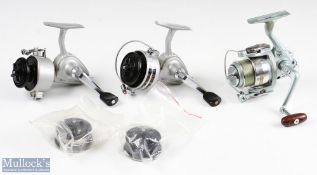 TCI GB3000 4 ball bearings fixed spool reel, wood handle, runs well, in zip case; Daiwa 501 Fixed