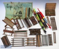 19 wood line/rig winders; 2 large floats, cloth bag with over 12 large hooks on wire traces, 18