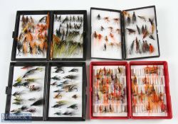 Hardy plastic foam lined box with 25 flies; Fox deep box with 36 salmon flies; 2x Devlin fly boxes