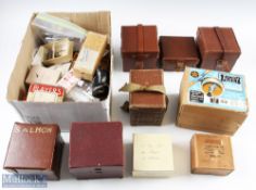 Period Pine Chest with a lucky dip of fishing items inside, to include empty reel case/boxes (