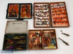 5x Boxes of Salmon Flies comprising - deep fox box with 64 trebles; Devlin style box with over 120