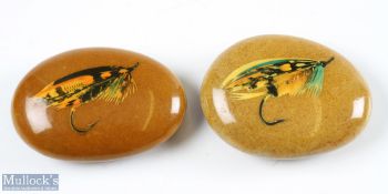 2x House of Hardy painted Stone Fly Fishers Paperweights painted with fairy king and benchill,