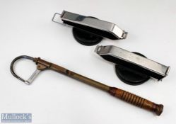Pair of Car Rod Clamps Magnetic; 3 salmon tailers; 2 draw gaff brass with wood handle, 13