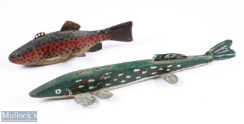 2x Primitive Wooden Fish Decoys Lures, carved and hand painted wooden with tin fins, the longest