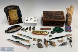 Fishing Related Collectables, to include a resin fish decorated box, fish badges, bottle, stoppers