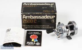 ABU Ambassadeur 2500C multiplying reel in metallic grey foot stamped 800701, year 1980,
