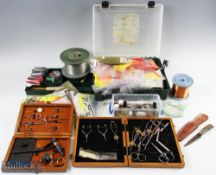 Comprehensive Fly Tying Kit with rotary vise on pedestal stand in wood box, tools in a wood box.
