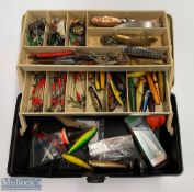 Piano Tackle Box with a selection of salmon spinners and Devons to include 7 Abu Toby spoons