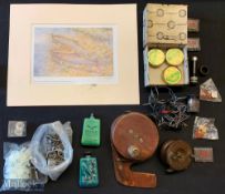 Assorted fishing Accessories plus a fishing print, to include a homemade wooden line winder, a