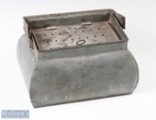 Aluminium live bait kettle with perforated hinged lid, handle, measures 24x17x12cm approx.
